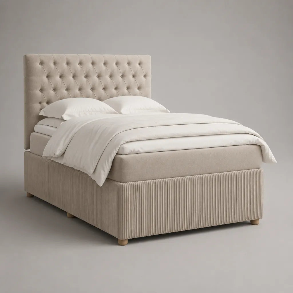Letto matrimoniale imbottito in velluto beige con testiera capitonné, per materasso 160 x 200 cm, 171 x 214 x 125 cm