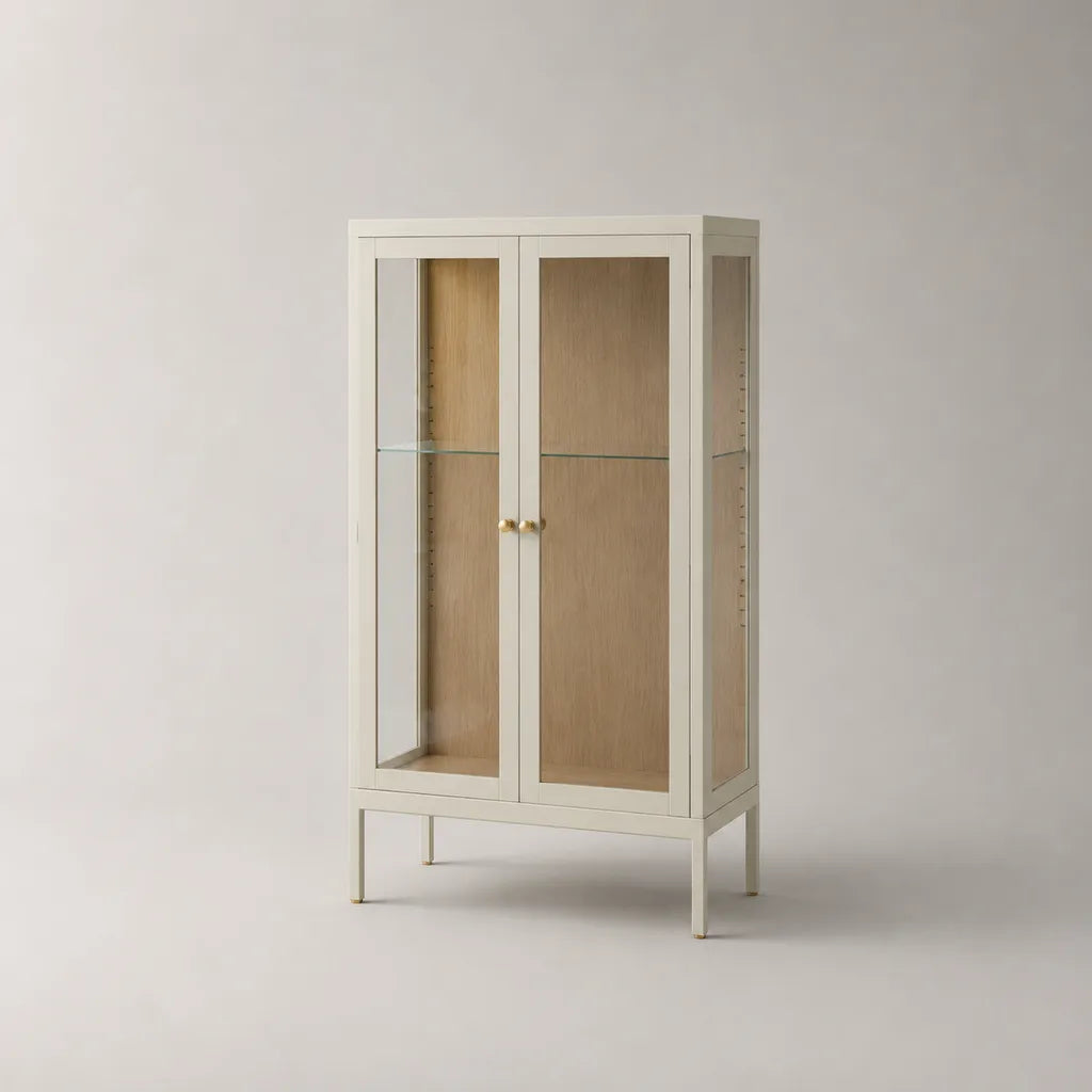 Vetrina rettangolare in legno e vetro con 2 ante, avorio e rovere naturale, 90 × 40 × 170 cm