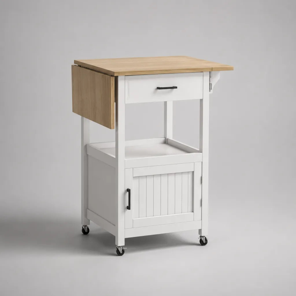 Carrello da cucina rettangolare su ruote in legno con piano ribaltabile, cassetto e mobiletto, bianco e rovere naturale, 67-90 x 45 x 90 cm