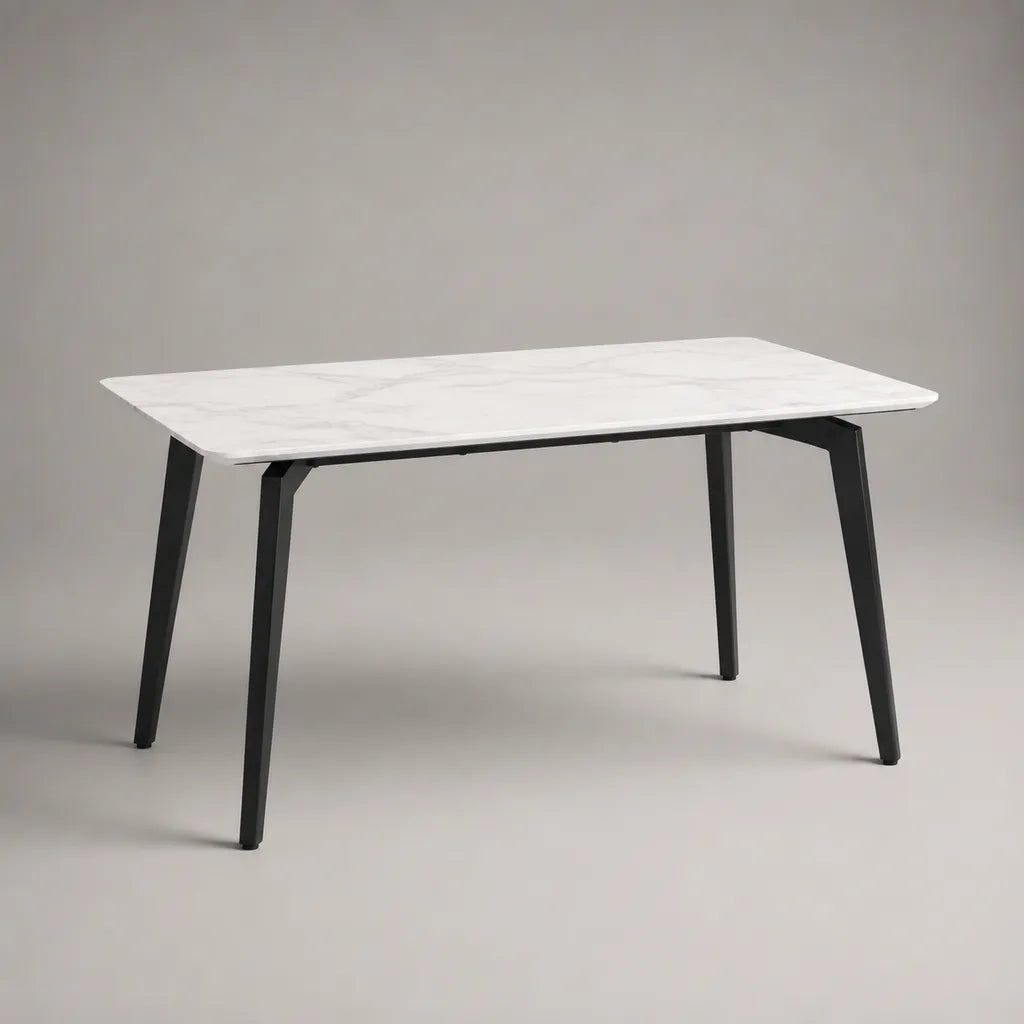 Tavolo da pranzo rettangolare in MDF effetto marmo bianco con gambe in acciaio nero, 140 × 80 × 75 cm