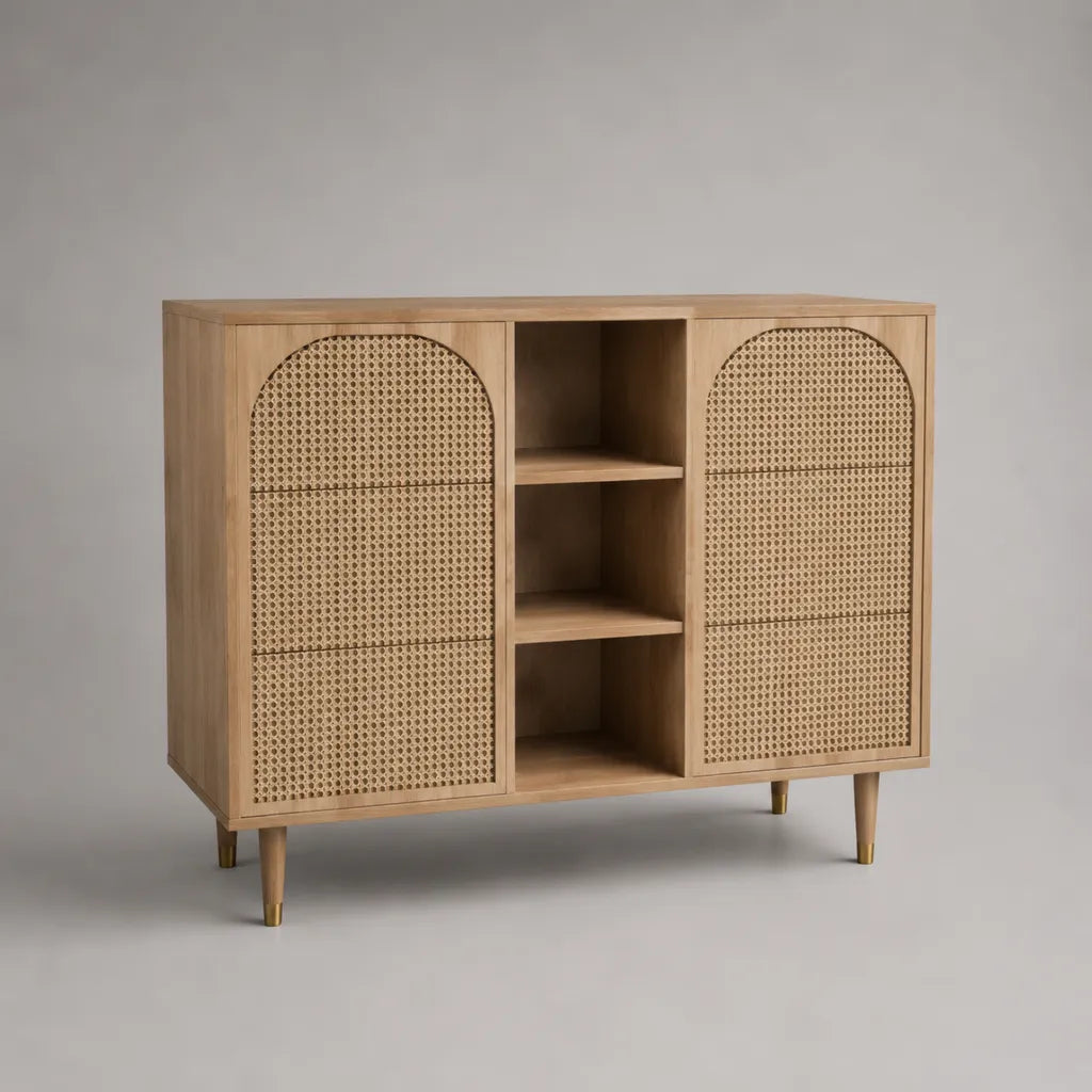 Credenza rettangolare con 2 ante e 3 vani in MDF impiallacciato rovere e rattan naturale, rovere naturale e ottone, 120 × 40 × 90 cm