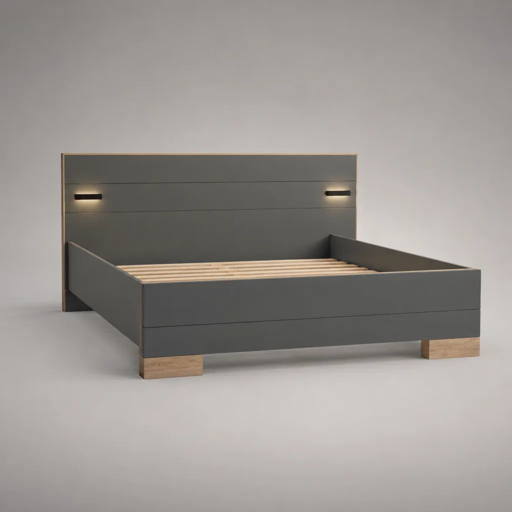 Letto matrimoniale in truciolare melaminico grigio antracite e rovere con rete a doghe e 2 luci LED, 210 x 176 x 120 cm, per materasso 160 x 200 cm