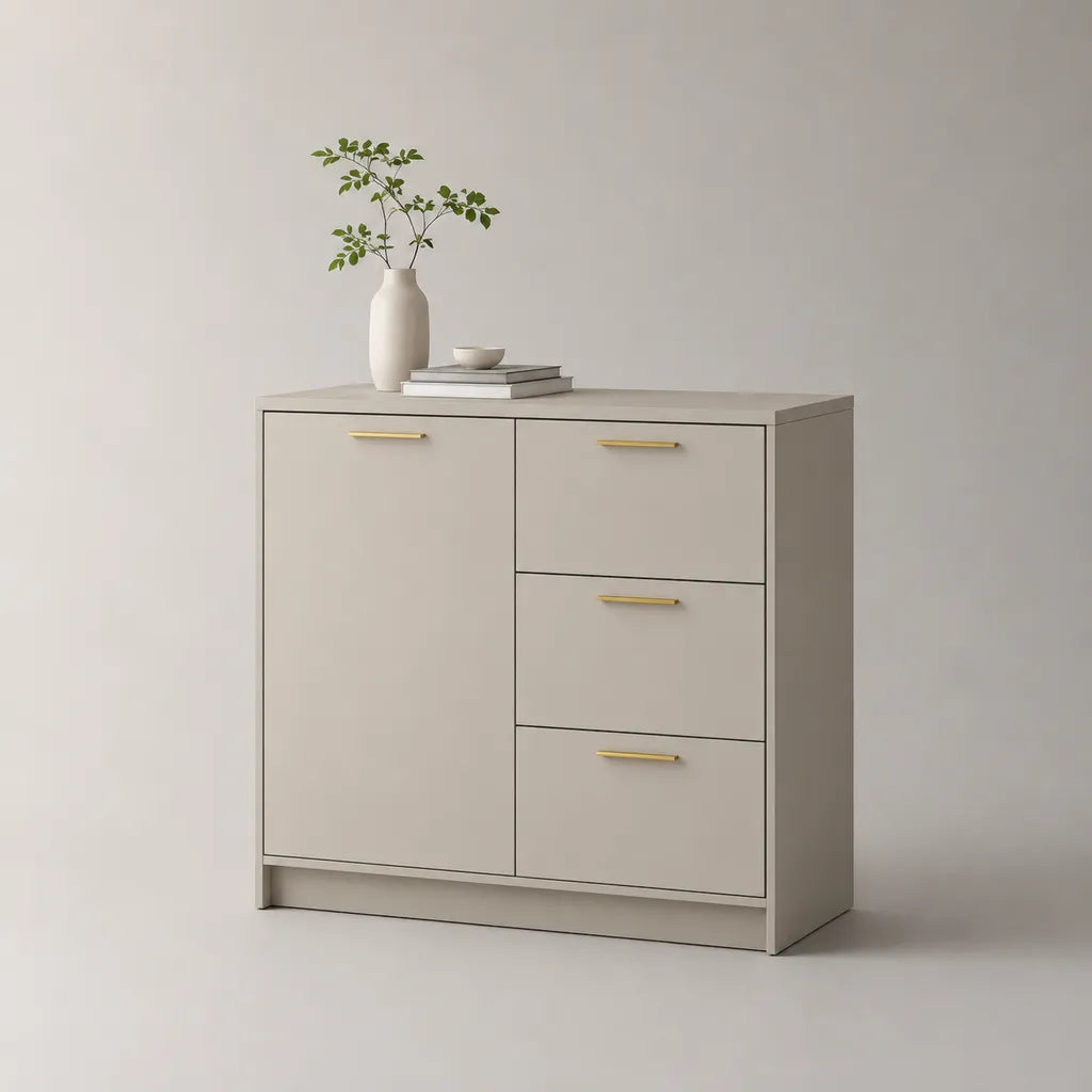 Credenza in pannello truciolare beige tortora con 1 anta e 3 cassetti, 90 x 40 x 90 cm