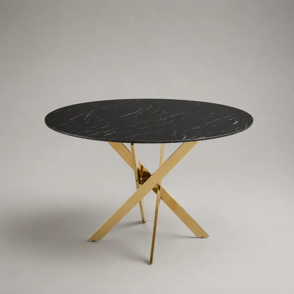 Tavolo da pranzo rotondo in pietra sinterizzata effetto marmo nero con gambe in acciaio inox dorato, Ø 120 × 75 cm