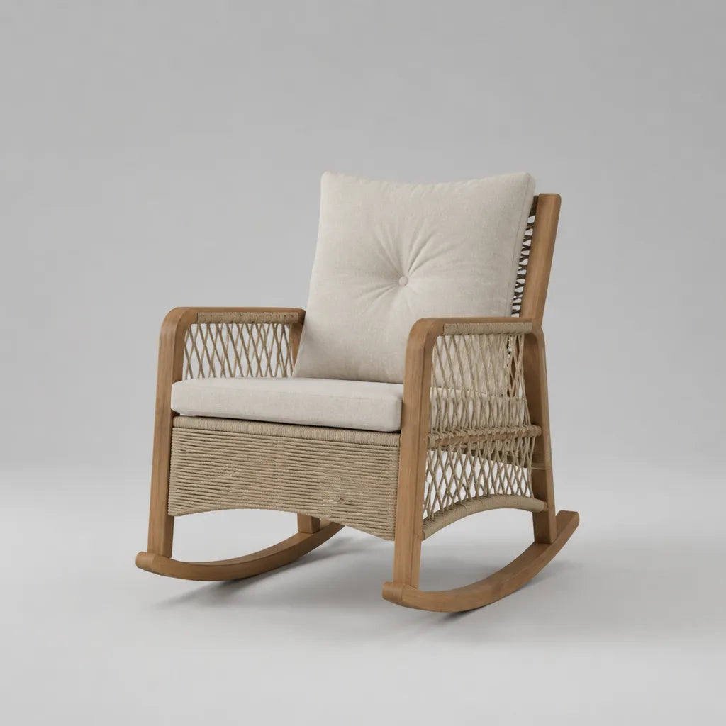 Sedia a dondolo in legno e corda beige con cuscini crema, 67 x 90 x 98 cm