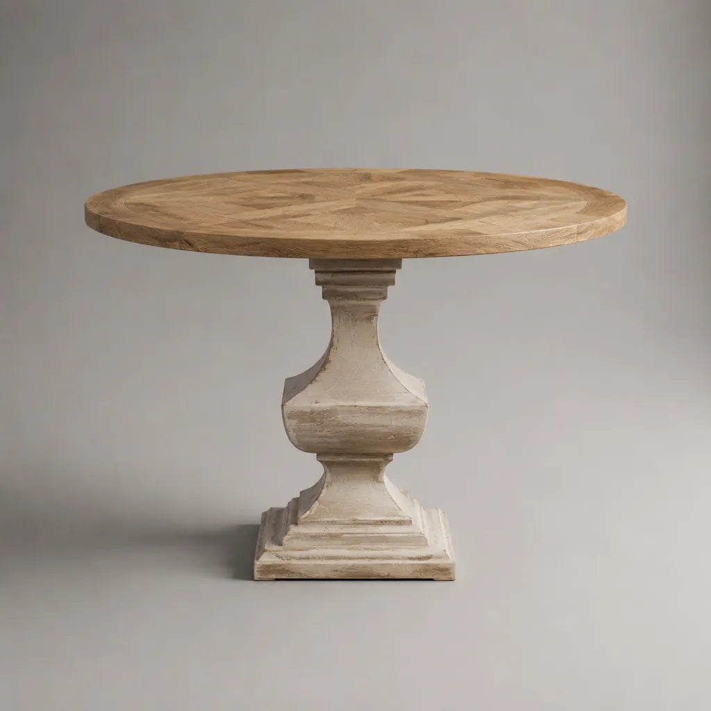 Tavolo da pranzo rotondo in legno massello, marrone naturale e bianco decapato, Ø120 × H76 cm