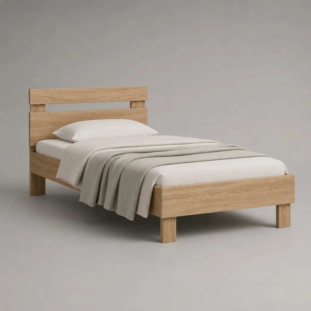 Letto singolo con rete a doghe 90 × 200 cm in rovere massello e legno multistrato impiallacciato, rovere naturale