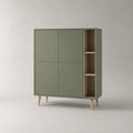 Credenza alta rettangolare a 4 ante con 3 vani aperti in MDF melaminico e legno, verde salvia, rovere naturale e ottone, 120 x 40 x 140 cm
