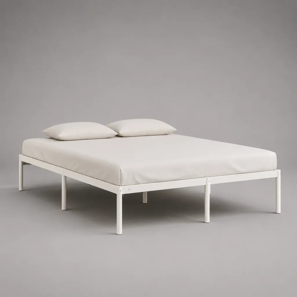 Struttura letto matrimoniale in acciaio bianco senza testiera, superficie 160 × 200 cm, dimensioni 204 × 164 × 35 cm