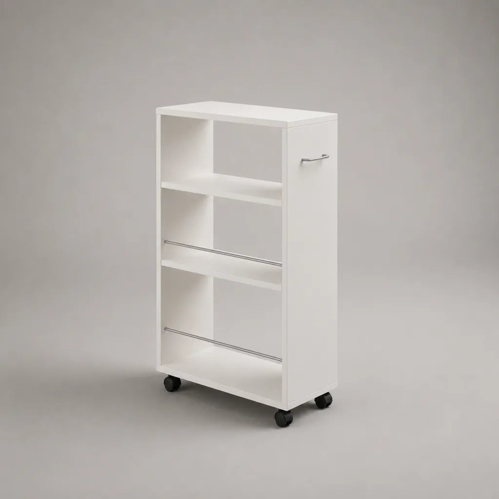 Carrello da cucina stretto con ruote in pannello melaminico e acciaio cromato, bianco, 63 × 20 × 110 cm