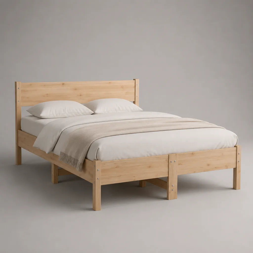 Letto matrimoniale rettangolare in legno massello di pino naturale con rete a doghe, 168 x 208 x 100 cm, per materasso 160 x 200 cm