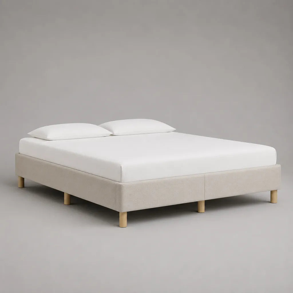 Struttura letto matrimoniale imbottita, coppia di basi beige con gambe in legno, 180 x 200 x 35 cm