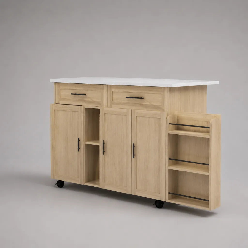 Carrello da cucina in MDF con piano di lavoro, 2 cassetti, 4 ante e 4 ruote, rovere chiaro, bianco e nero, 120 × 45 × 90 cm