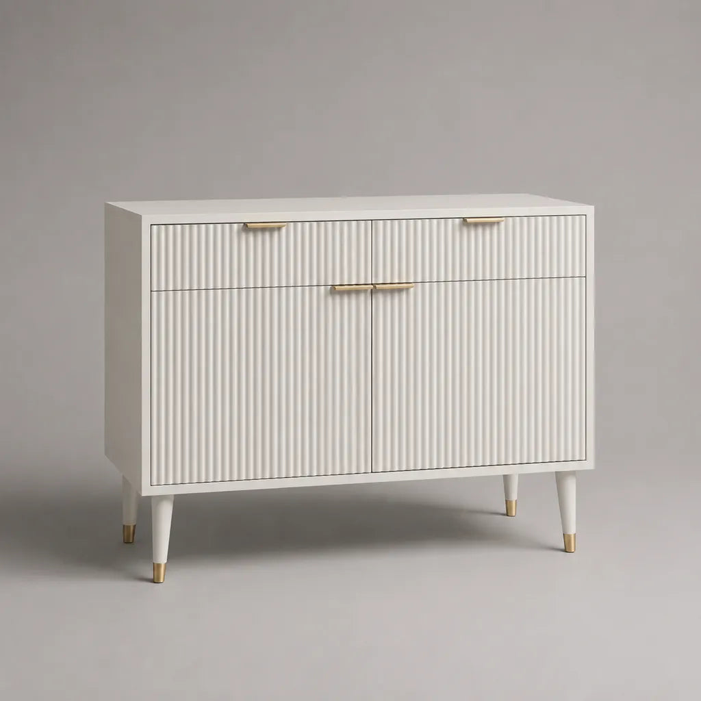 Credenza buffet rettangolare in MDF scanalato bianco e oro con 2 cassetti e 2 ante, 120 × 40 × 85 cm