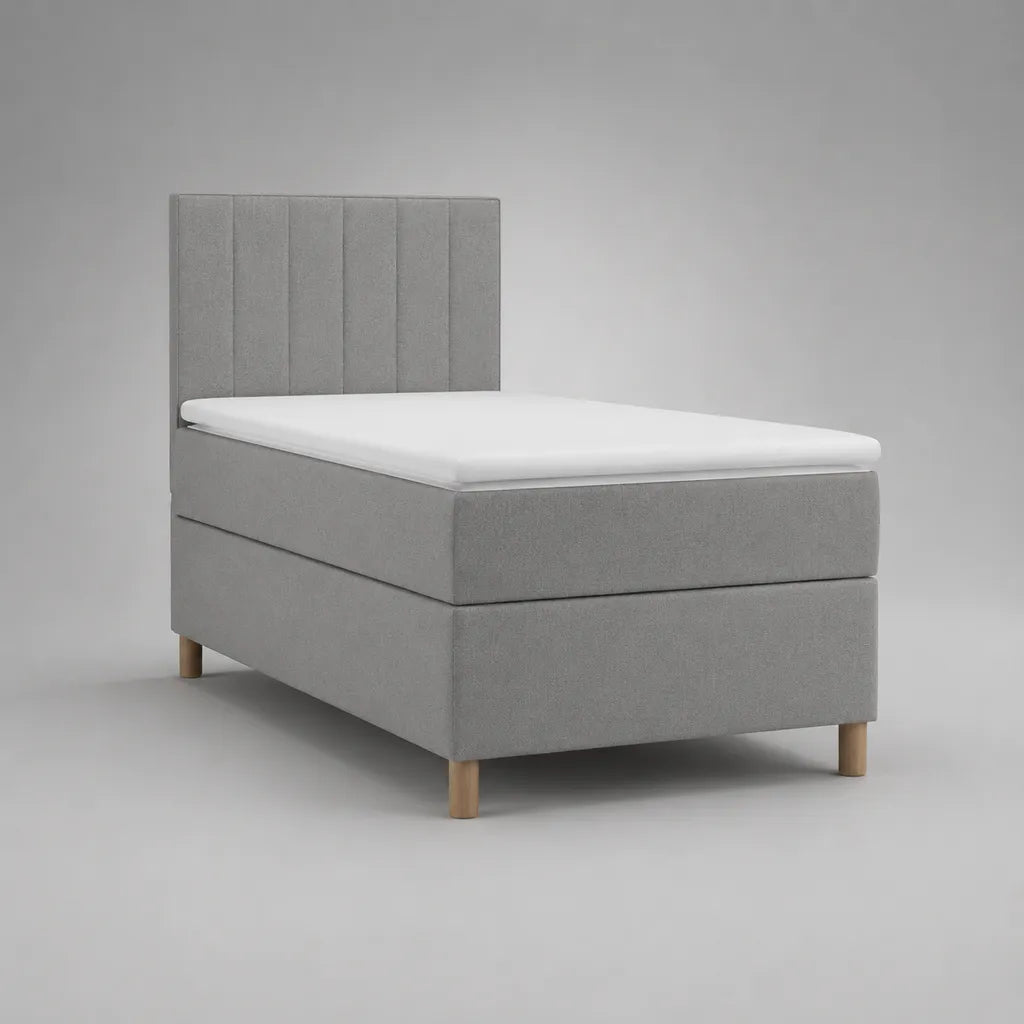 Letto singolo continentale imbottito in tessuto grigio 90 × 200 cm con materasso, sovramaterasso e testiera