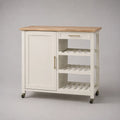 Carrello da cucina in legno con armadietto, cassetto, portabottiglie e ruote, bianco e naturale, 100 x 45 x 90 cm