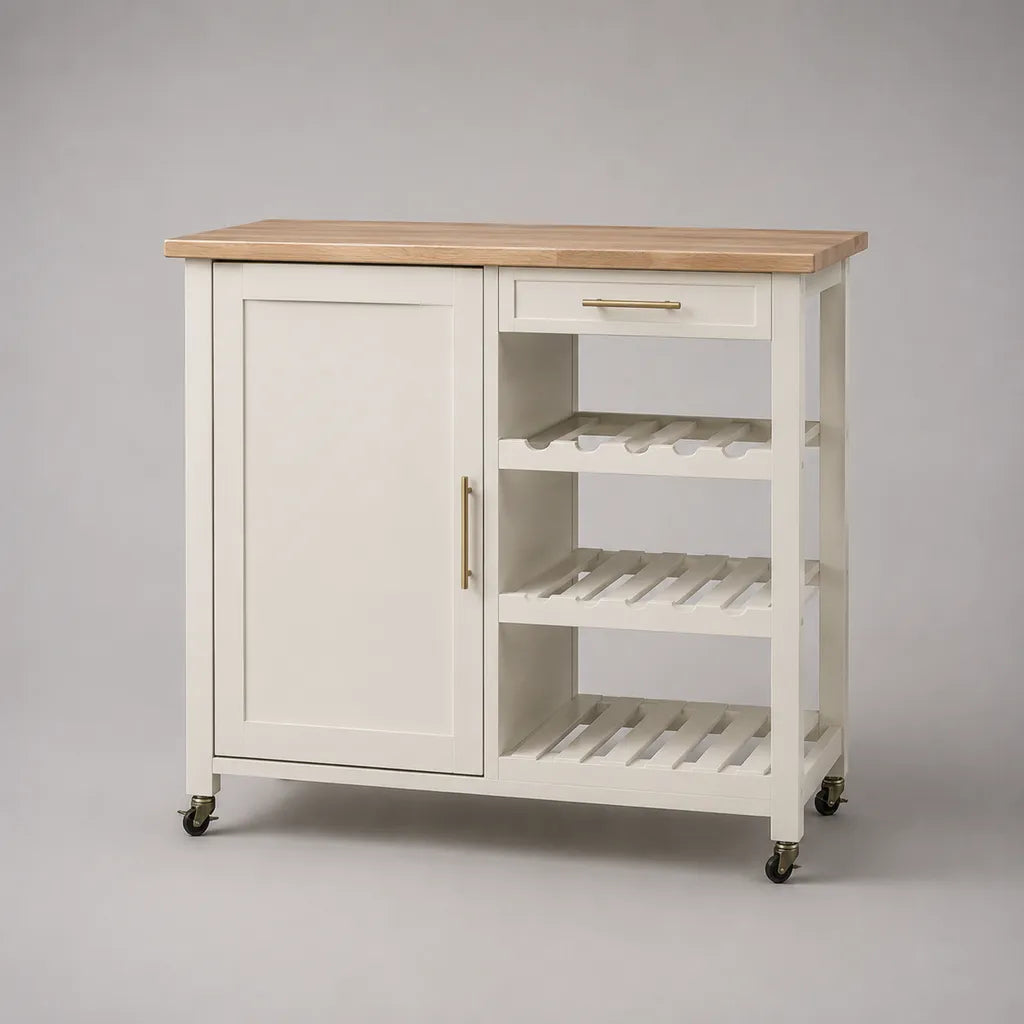 Carrello da cucina in legno con armadietto, cassetto, portabottiglie e ruote, bianco e naturale, 100 x 45 x 90 cm