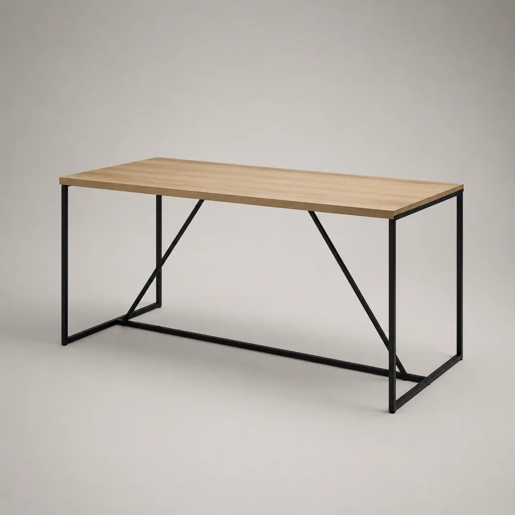 Tavolo da pranzo rettangolare in pannello melaminico e acciaio nero, rovere naturale, 160 x 80 x 75 cm
