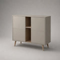 Credenza alta rettangolare beige e rovere naturale in MDF e truciolare con 4 ante e 2 vani, 120 x 40 x 115 cm