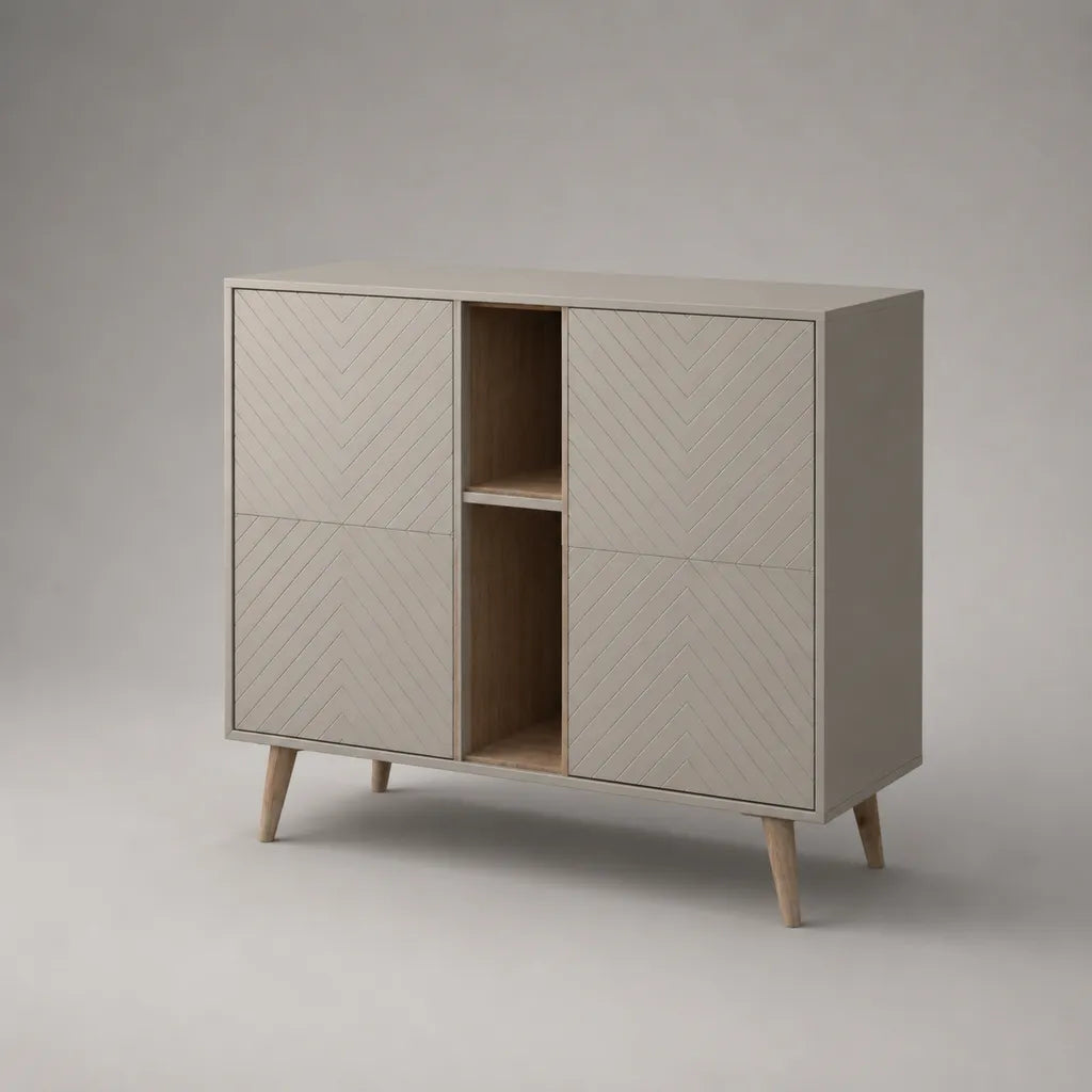 Credenza alta rettangolare beige e rovere naturale in MDF e truciolare con 4 ante e 2 vani, 120 x 40 x 115 cm