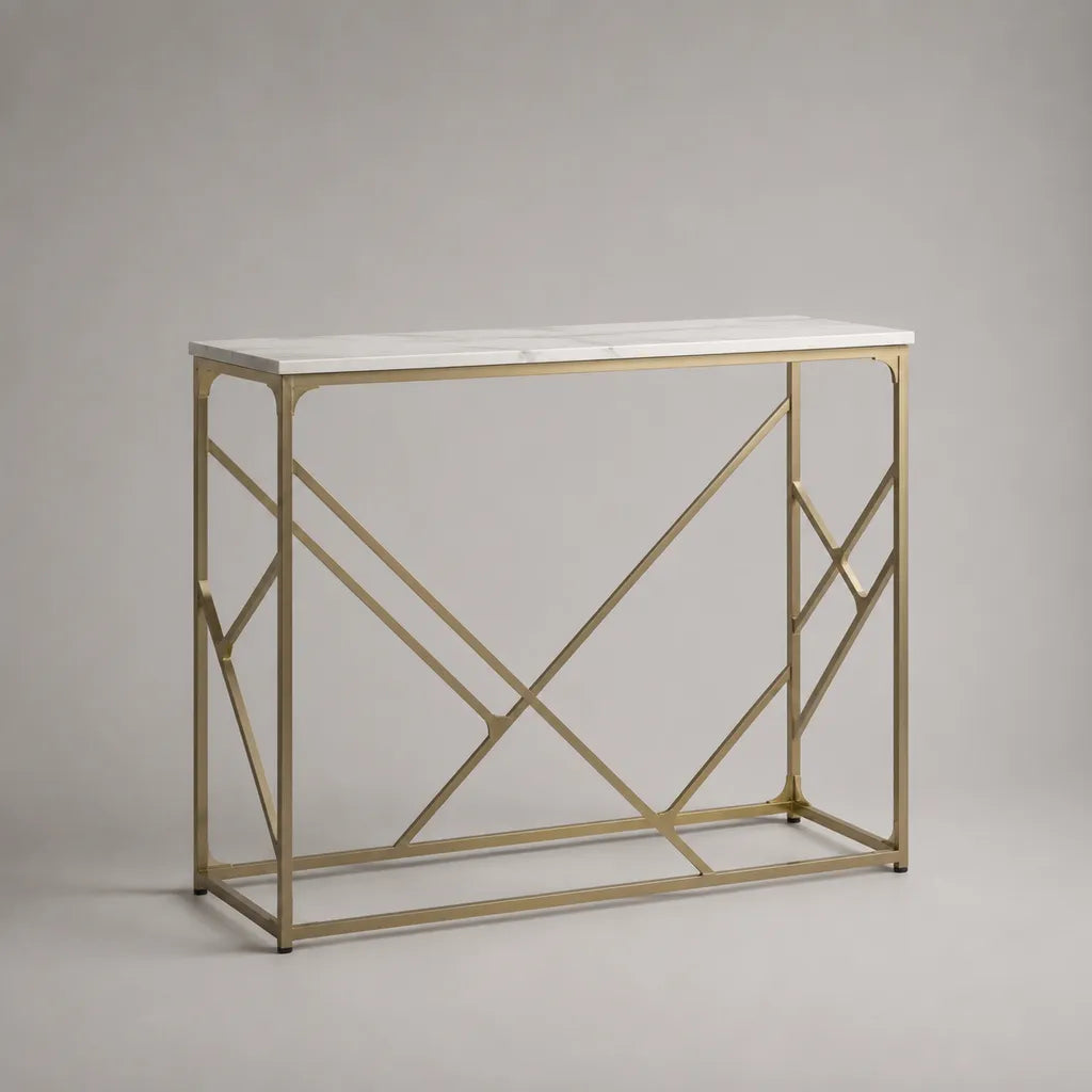 Consolle rettangolare in MDF effetto marmo e acciaio oro, 120 × 35 × 80 cm