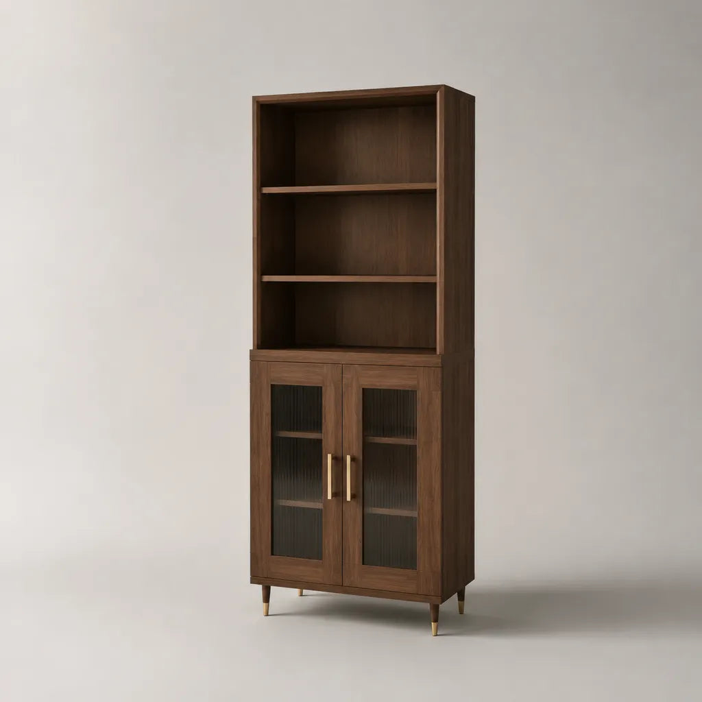 Mobile contenitore alto in MDF e vetro scanalato, marrone noce, 80 x 40 x 180 cm