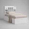 Letto singolo in legno bianco con testiera contenitore, 218 x 99 x 150 cm, rete 90 x 200 cm