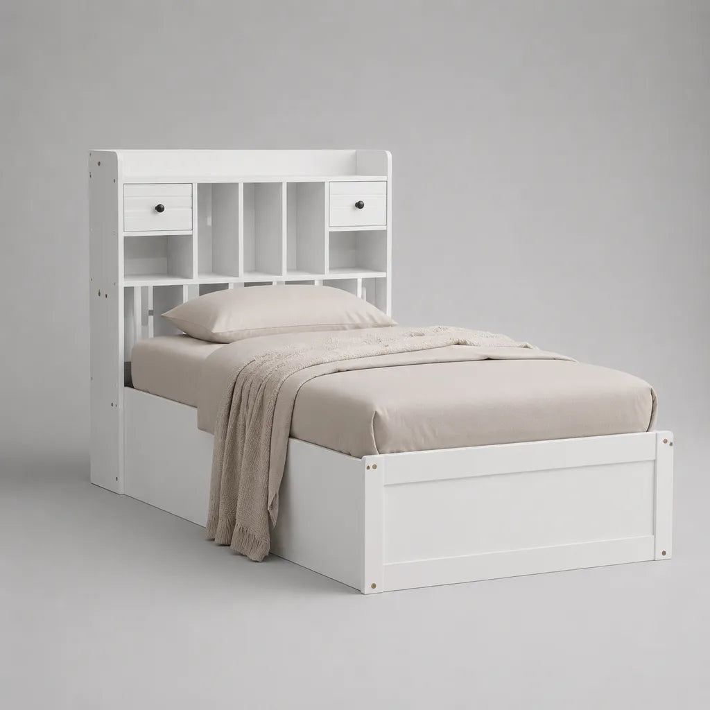 Letto singolo in legno bianco con testiera contenitore, 218 x 99 x 150 cm, rete 90 x 200 cm