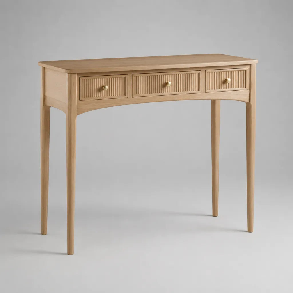 Consolle rettangolare in legno con 3 cassetti, rovere naturale e oro, 100 × 35 × 80 cm