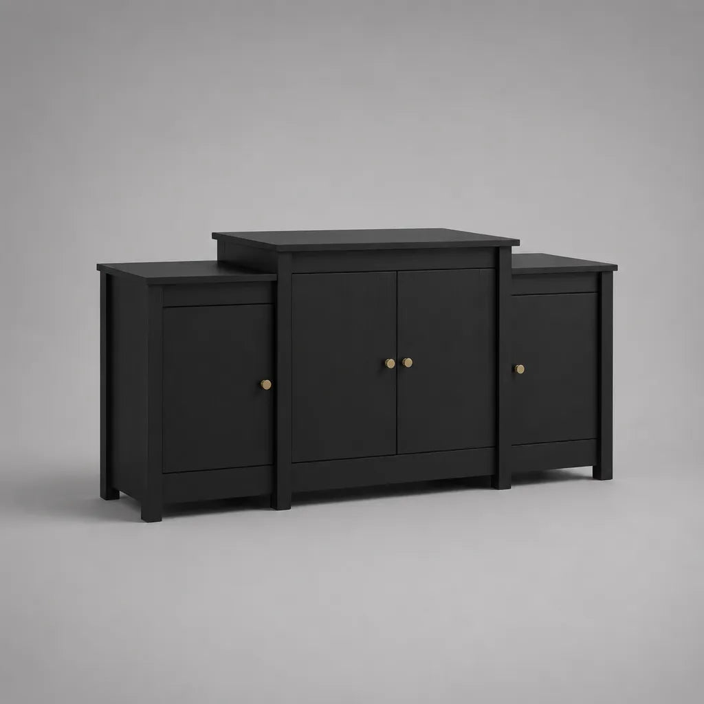 Credenza rettangolare in MDF a 4 ante, nero opaco e ottone, 180 × 40 × 100 cm