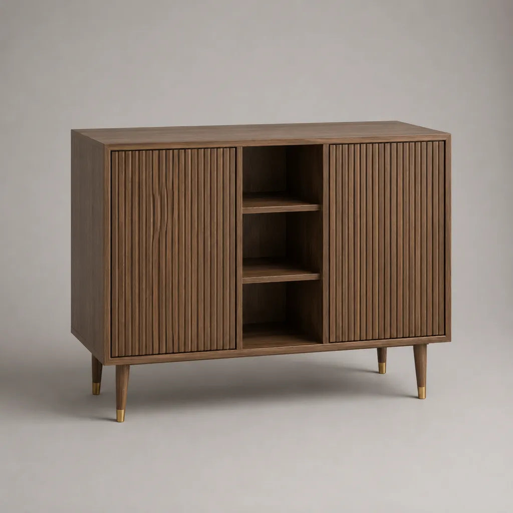 Credenza rettangolare in MDF impiallacciato marrone noce con 2 ante scanalate e 3 vani aperti, 120 × 40 × 90 cm