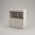 Credenza alta con 2 ante in MDF scanalato e ripiani in vetro, bianco opaco, 100 × 40 × 120 cm