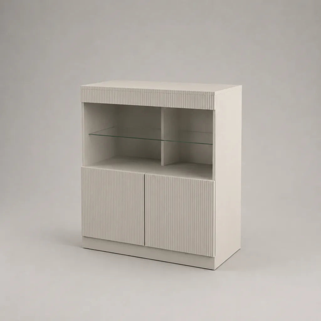 Credenza alta con 2 ante in MDF scanalato e ripiani in vetro, bianco opaco, 100 × 40 × 120 cm