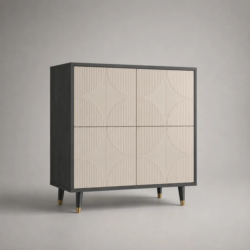 Credenza alta rettangolare a 4 ante in MDF e truciolare melaminico, beige, antracite e oro, 120 × 40 × 130 cm