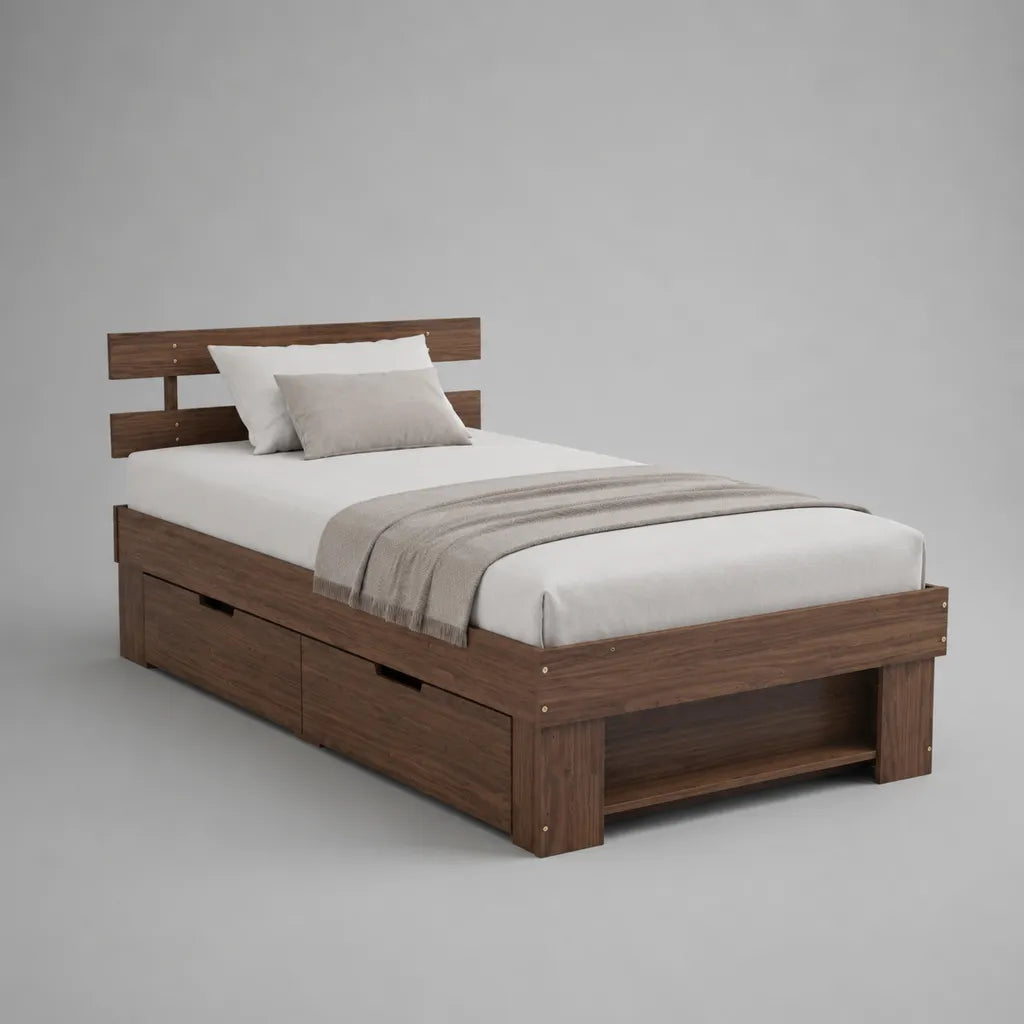Letto matrimoniale francese in legno 140 x 200 cm marrone noce con testiera, 2 cassetti e vano aperto